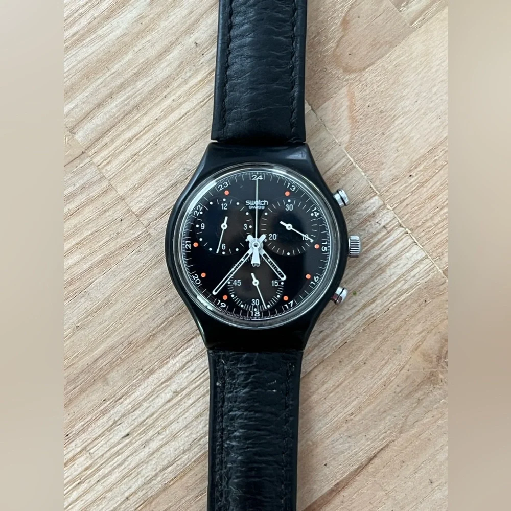 Swatch Chronograph 1991 Wall Street Super Rare Vintage Watch Black Dial Leather